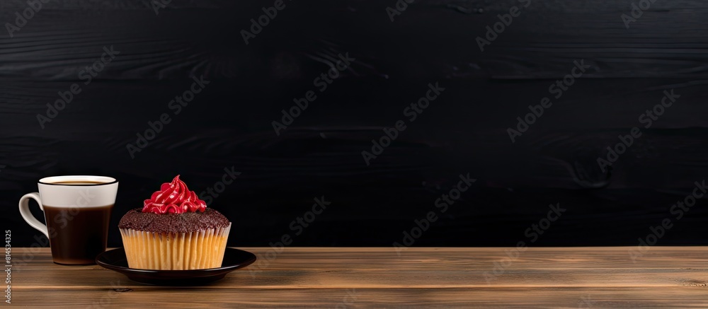 Poster a wooden tabletop covered with brown paper holds a black coffee cup and a delicious cupcake topped w