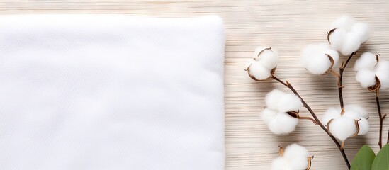 Flat lay of cotton products for makeup removal and skin cleansing including cotton pads towel and cotton buds on a light background Ample space provided for text creating a well composed copy space im