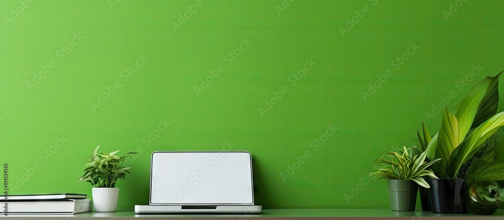 Poster Copy space image of a home office workplace with a green wall and a chroma key computer screen on the desk