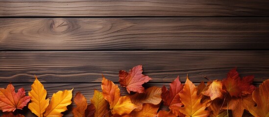 Obraz premium Autumn leaves arranged in a flat lay composition on a wooden background creating an open space for text in the image. with copy space image. Place for adding text or design