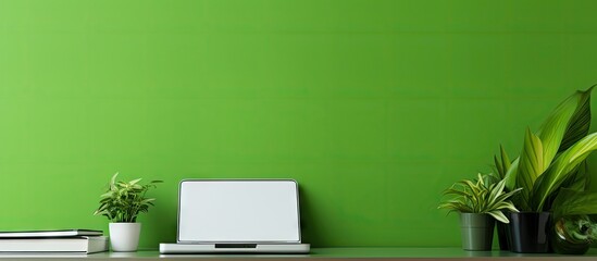 Copy space image of a home office workplace with a green wall and a chroma key computer screen on the desk