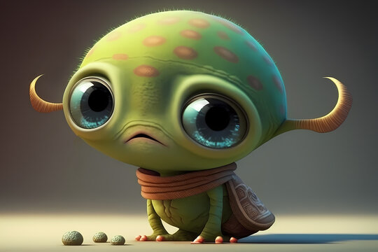 Green cartoon alien character with big eyes.