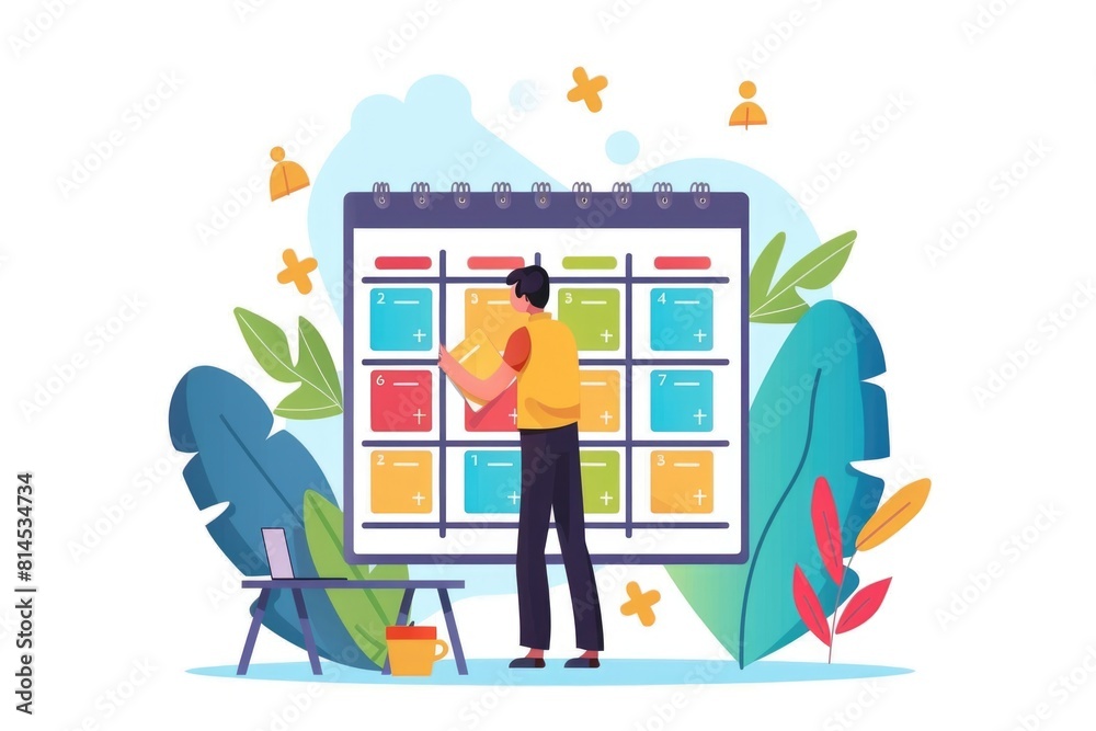 Poster a man standing in front of a large calendar, perfect for scheduling and time management concepts
