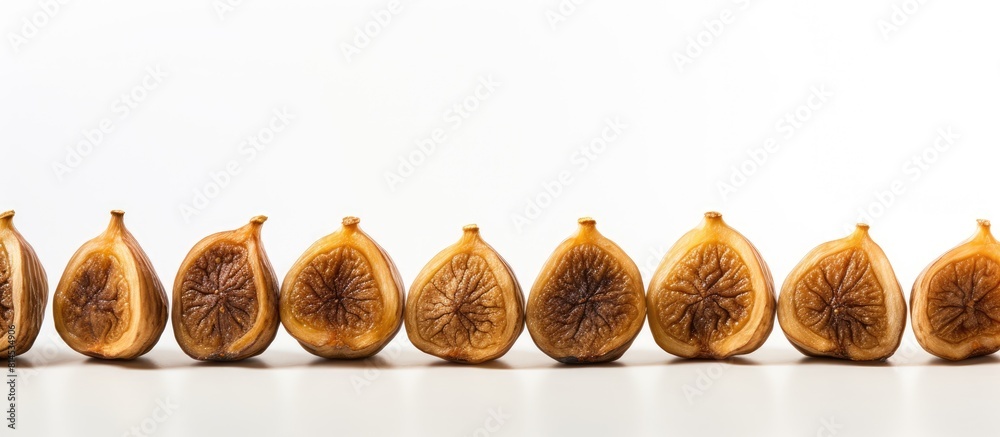 Poster A minimal composition of whole dried figs in a row isolated on a light background providing copy space for additional content