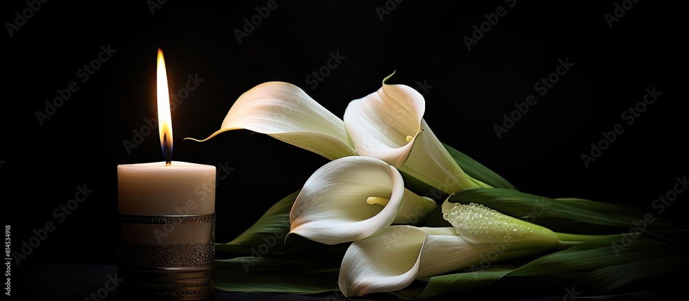 Poster A peaceful sympathy card featuring a burning candle a white calla lily and a dark background with room for a message. with copy space image. Place for adding text or design