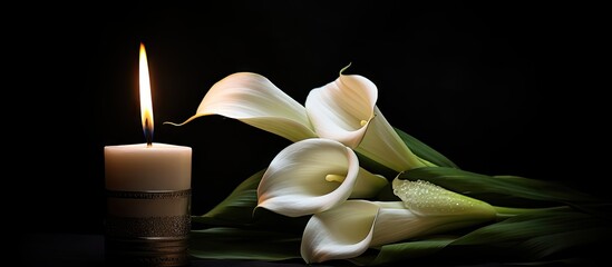 A peaceful sympathy card featuring a burning candle a white calla lily and a dark background with room for a message. with copy space image. Place for adding text or design