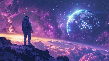 Fototapeta premium Digital technology blue and purple space astronaut poster background