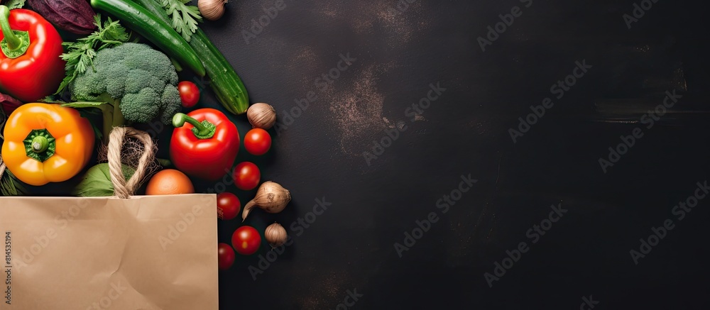 Aufkleber Top view of a paper bag filled with fresh vegetables and fruits on a dark background creating a captivating copy space image