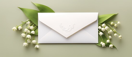 A mockup of a wedding invitation card is displayed showcasing an elegant envelope and adorned with lily of the valley flowers The card features ample copy space