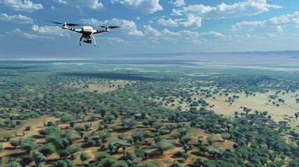 Fototapeta premium A drone hovers above a vast savannah with scattered trees under the bright sky.