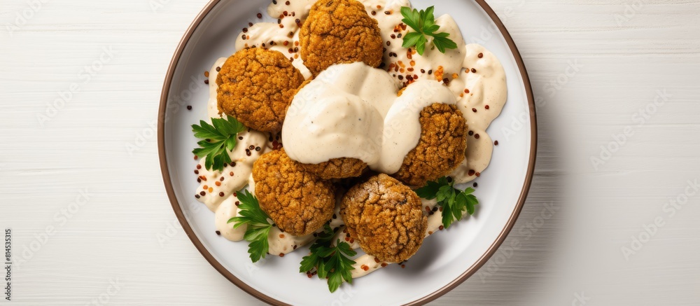 Poster A top down view of a plate of chickpeas falafel with tahini sauce carefully placed on a white background There is plenty of room around the image for adding relevant content. with copy space image