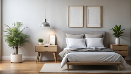Minimalist Bedroom Frame Mockup: A minimalist bedroom interior featuring a frame mockup on a bedside table or mounted on the wall, ideal for displaying personalized artwork or quotes.	
