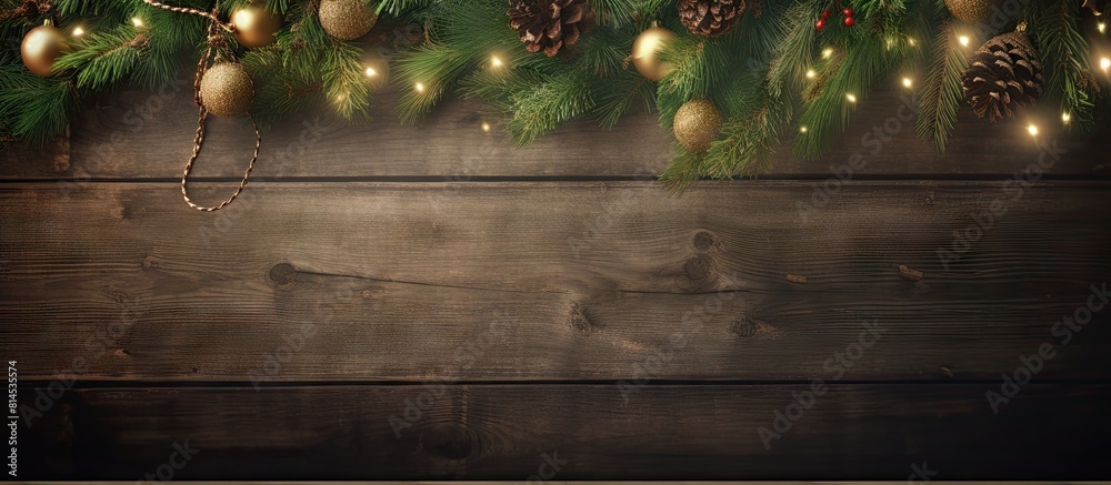 Aufkleber an old wooden background adorned with a christmas green branch and presents creating a picturesque s