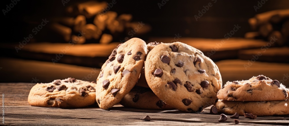 Aufkleber Delicious cookies with chocolate chips on a rustic wooden surface perfect for a copy space image