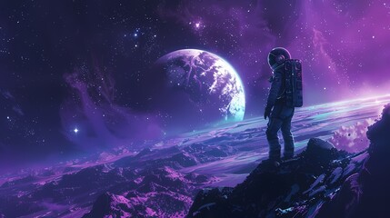 Digital technology blue and purple space astronaut poster background