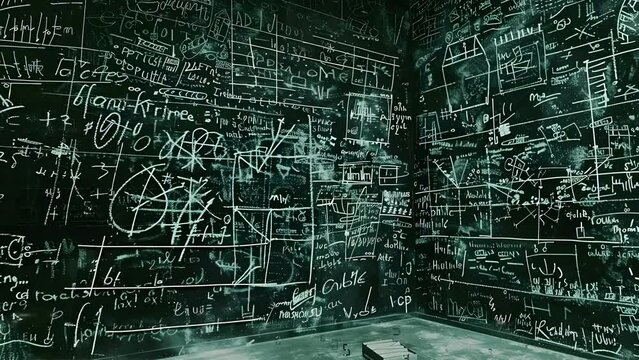 Abstract random mathematical formulas, numbers and letters of the alphabet on blackboard wall background with glitch screen effect loop animation