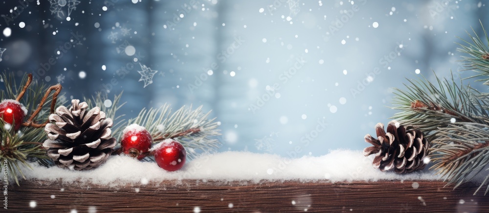Aufkleber christmas background with a red ribbon fir tree branch snowy pine cones and a wooden backdrop xmas t