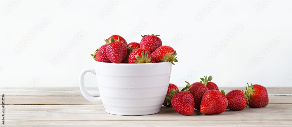 Poster healthy food consisting of red strawberries arranged in a cup on a white washed wood surface with am