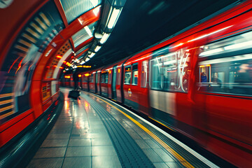 Red tube train in slow motion, captured perspective of someone standing on one side as it passes. Background is blur with streaks and lines representing speed and movement. 