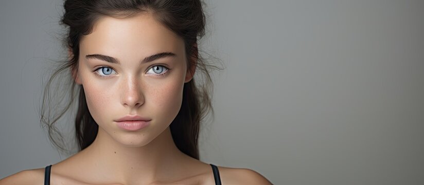 A beautiful girl with brown hair tied back dark eyebrows captivating blue eyes and bare shoulders gazes confidently at the camera The portrait is captured against a soft gray backdrop providing ample