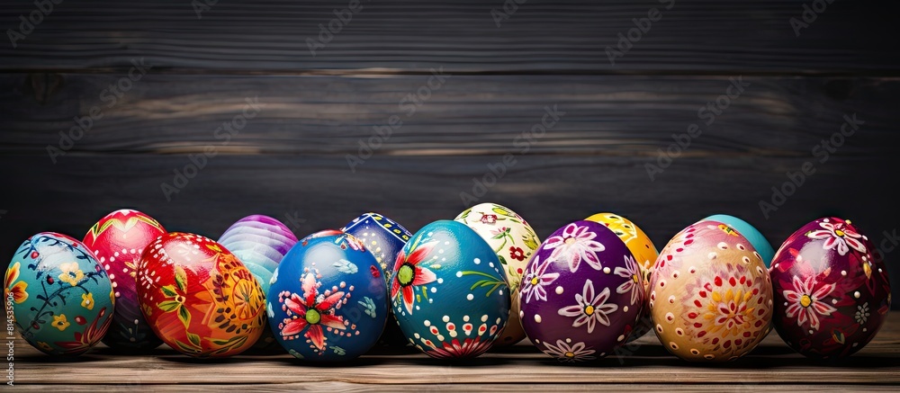 Poster copy space image of brightly decorated easter eggs displayed on a rustic wooden background