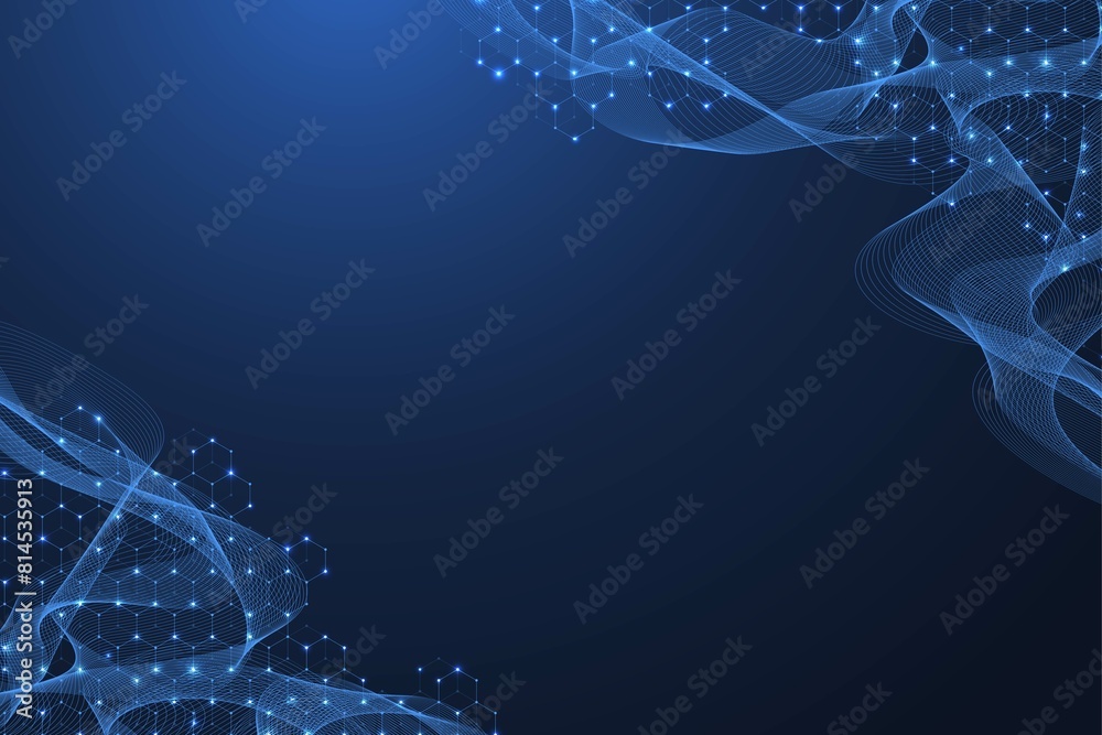 Leinwandbilder Technology abstract lines and dots connect background with hexagons. Hexagon grid. Hexagons connection digital data and big data concept. Hex digital data visualization, illustration.