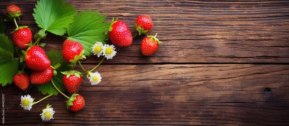 Poster close up of wild strawberries on a wooden background providing ample copy space for images