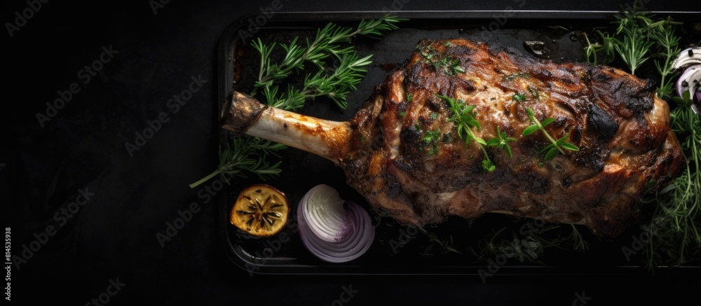 Poster Top view of an oven baked lamb leg with a dark background providing ample copy space for additional elements