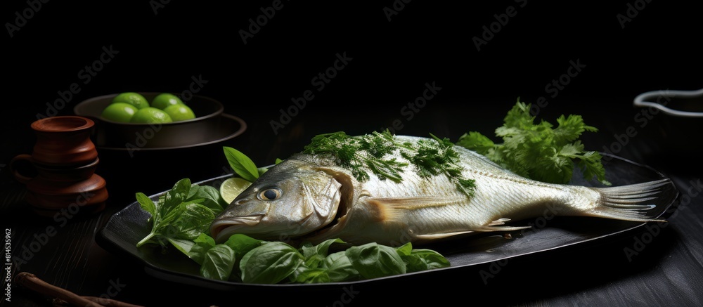 Poster A white Pomfret fish is presented on black plates accompanied by fresh green coriander creating a copy space image