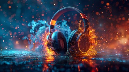 Obraz premium Music headphones with bright colored splashes, flames, smoke and pulses amidst loud music, rhythms, beats and flow.