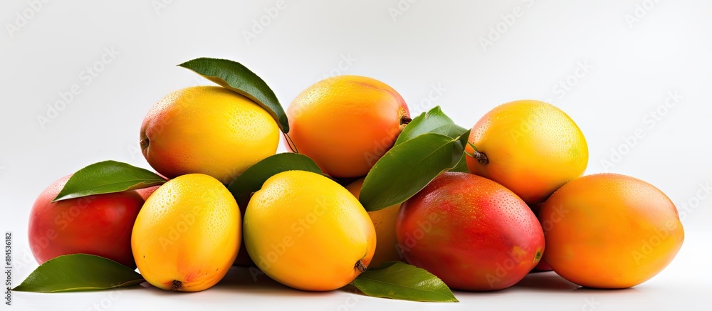 Poster a copy space image of mangos set against a white background