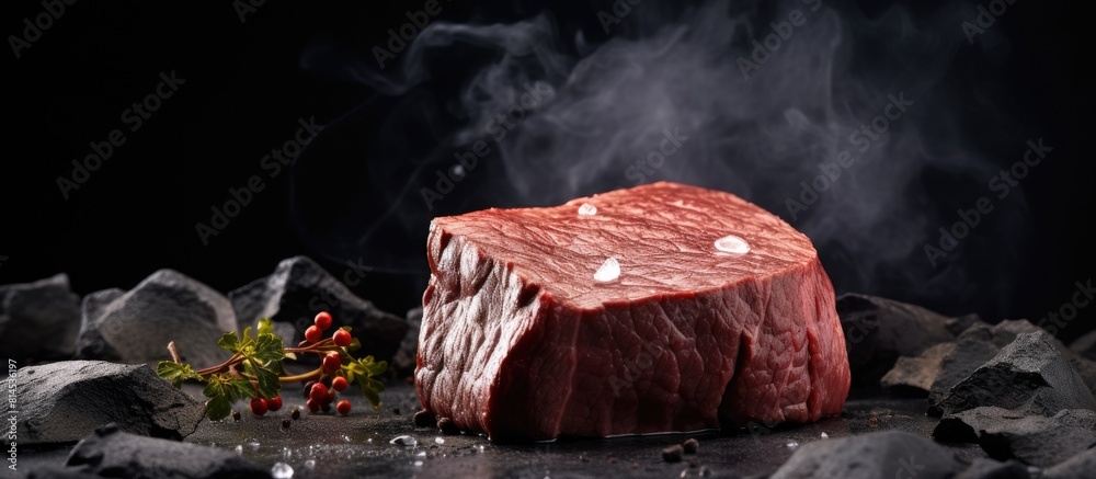 Poster A marble background sets the stage for a captivating image of a juicy beef fillet creating a visually appealing copy space