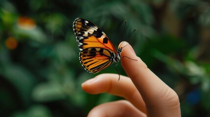 a beautiful butterfly. This butterfly has orange and black wings with a pattern of white spots. The butterfly was landing on someone's fingertip.