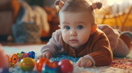 Obraz premium A young child laying on the floor engaged in play. Suitable for family and childhood themes