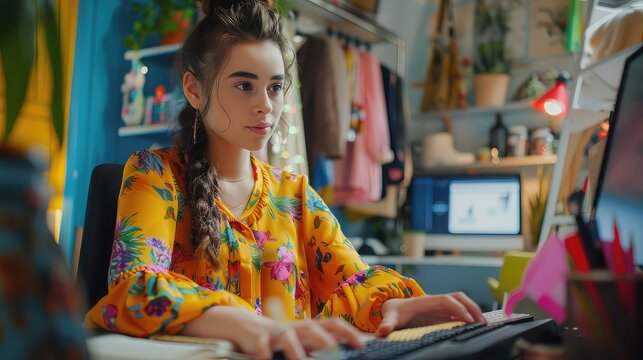 Portrait of a passionate woman in fashion e-commerce, analyzing sales data and trends on her computer in her vibrant workshop.  - Powered by Adobe