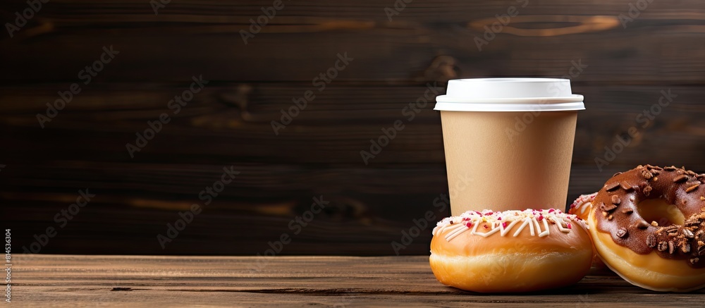 Poster there is a copy space image with a wooden background featuring a fresh donut and take away coffee