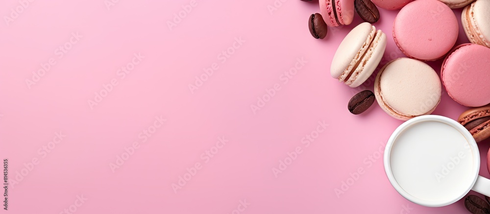 Poster coffee beans surround a large white paper cup in a mockup on a pink background providing ample copy 