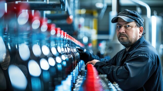 Portrait of a serious quality control worker overseeing the robotic line responsible for bottling and packaging carbonated black juice soft drink. 