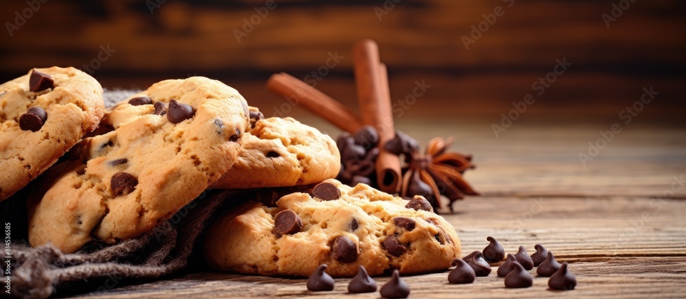 Aufkleber Delicious cookies with chocolate chips on a rustic wooden surface perfect for a copy space image