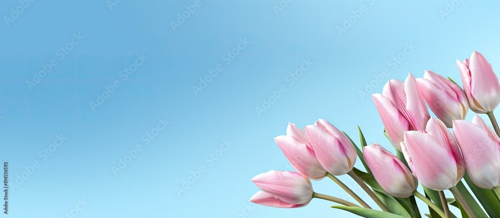 Poster a panoramic flat lay image featuring a bouquet of tulip flowers against a blue sky background with a