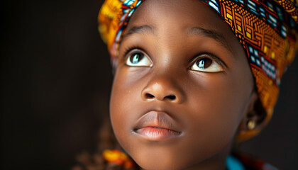 Portrait of a young african child with vibrant eyes and a colorful headscarf, representing hope and the spirit of the International Day of the African Child