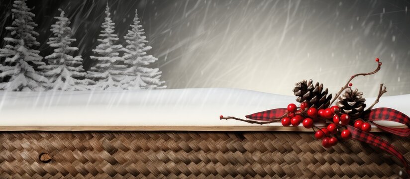 A winter holiday scene featuring a sled pine cone and red berries on a peeling wood background along with black and white gingham ribbon for a festive touch 182 characters. with copy space image