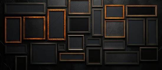 A collection of photo frames with tape placed on a textured black leather background creating a copy space image