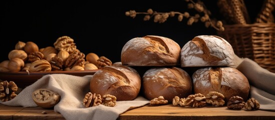 Image of homemade walnut bread displayed on wooden baskets with walnuts surrounding it. with copy space image. Place for adding text or design