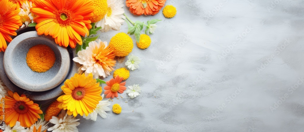 Aufkleber above view of a mortar and pestle alongside beautiful calendula flowers on a grey table creating a c