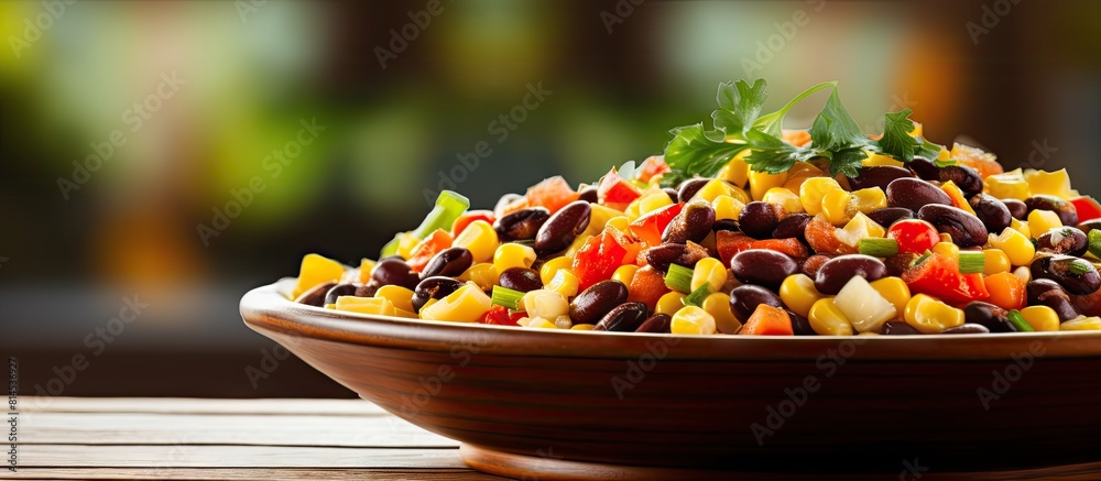 Poster A close up image of a flavorful bean and corn salad topped with pepper set against a background with ample copy space