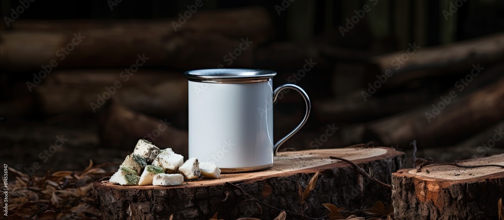 Poster Horizontal copy space image of an empty enamel mug on a tree stump adorned with a warm scarf perfectly set for a comforting hot chocolate with marshmallow