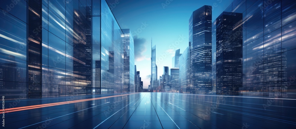 Poster The sleek design of modern architecture blends seamlessly with the bustling urban landscape and its busy thoroughfares. with copy space image. Place for adding text or design