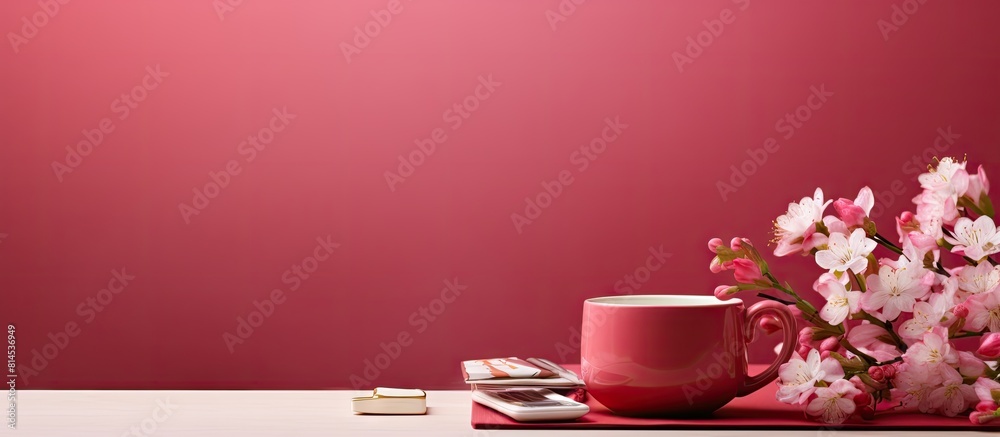 Poster Copy space image of a pink desk with a red diary notepad and tea cup on top The table is adorned with flowers creating a vibrant office workplace background