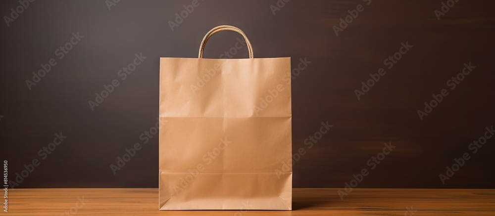 Poster copy space image featuring a recyclable paper bag isolated on a brown paper background perfect for s